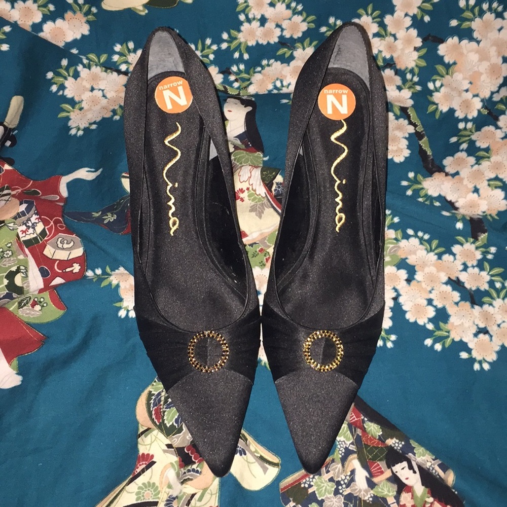 Black satin and jeweled pointed toe heels by Nina